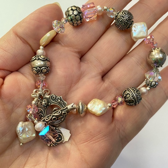 Tres Jolie Pale Pink Crystal Pearl Sterling Silver Bali Beads Toggle Bracelet - Picture 8 of 12